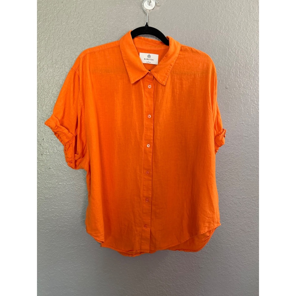Babaton Shirt Linen Blend Short Sleeve‎  L Button Down Orange Relaxed Fit Cool